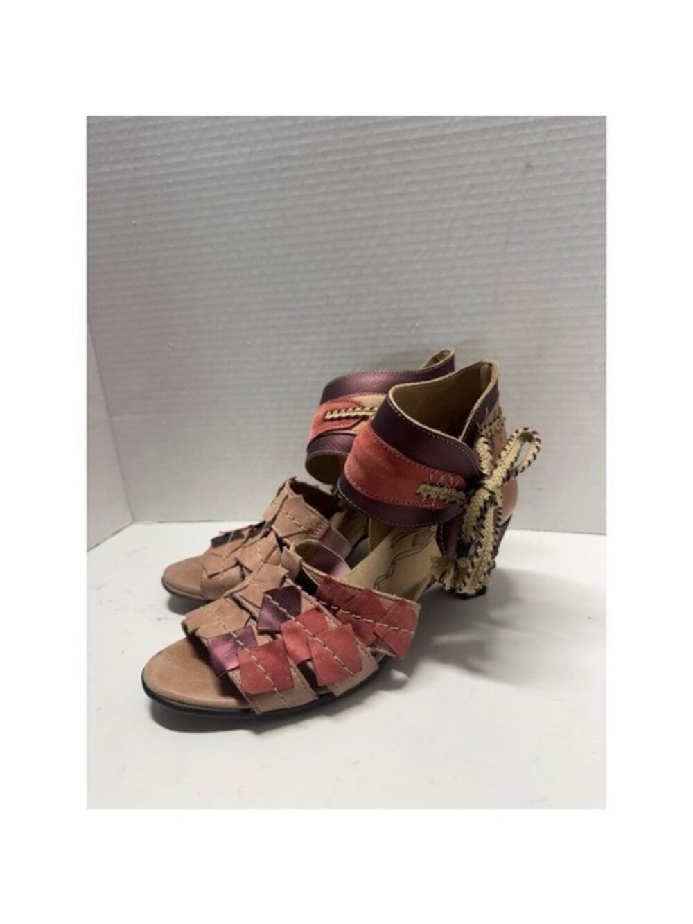 Dkode Portugal Leather Patchwork Woven Tassel Heeled Sandals Burgundy Tan 37 6.5